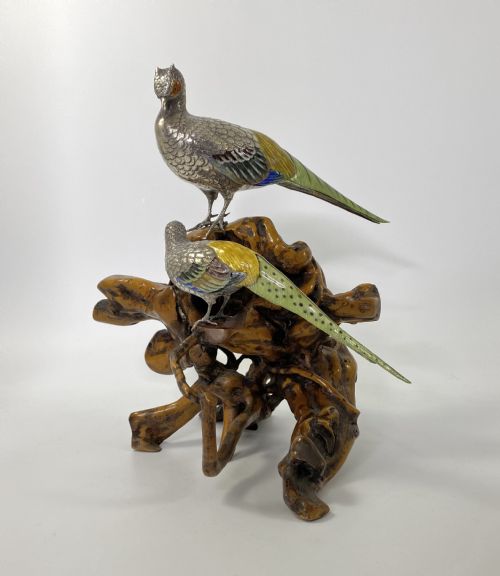 Japanese Silver and Enamel Pheasants Okimono. Meiji Period.