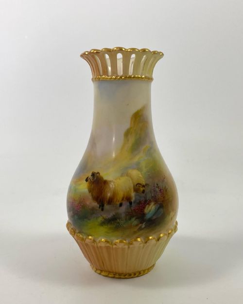 Royal Worcester Porcelain Vase. Sheep. Harry Davis, C. 1909.