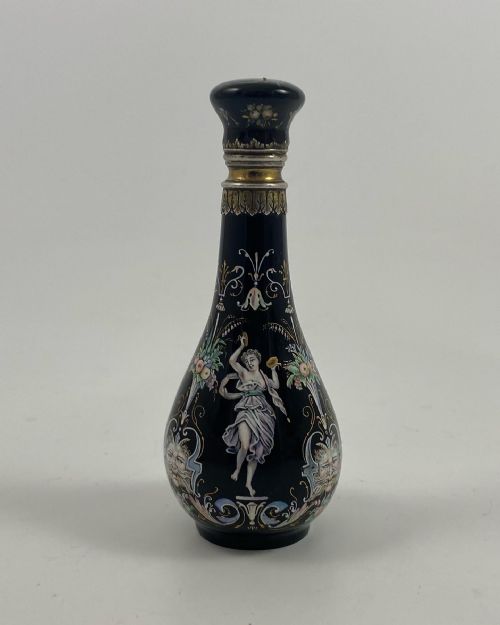 Limoges Enamel Scent Bottle. Silver Mounts, C. 1880.