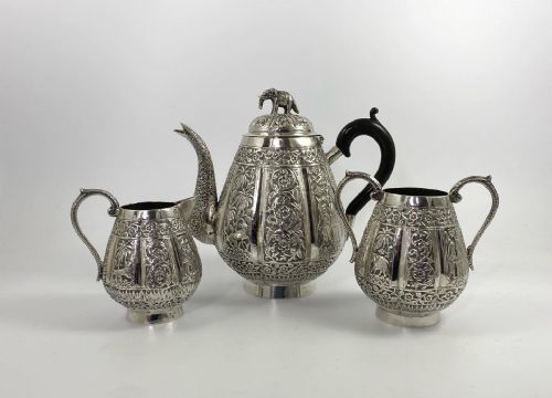 Indian Silver Three Piece Teaset, C. 1890.