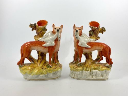 Pair Staffordshire Pottery Fox Spill Vases, C. 1860.