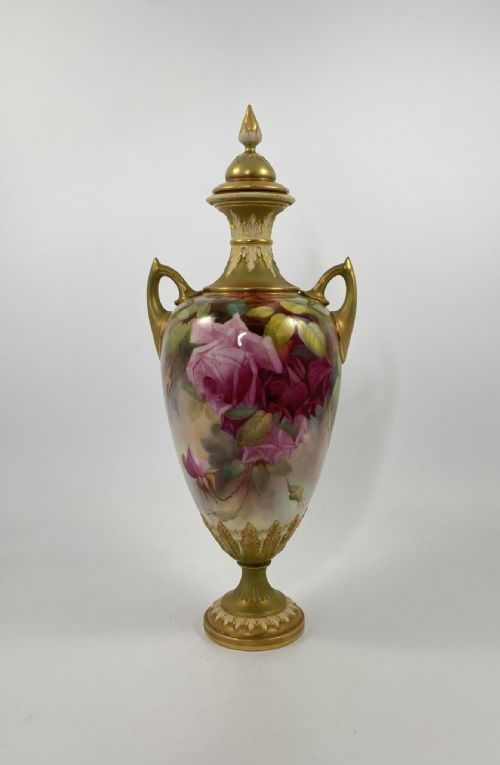 Royal Worcester Vase and Cover. Roses, by Jack Southall, D. 1912.