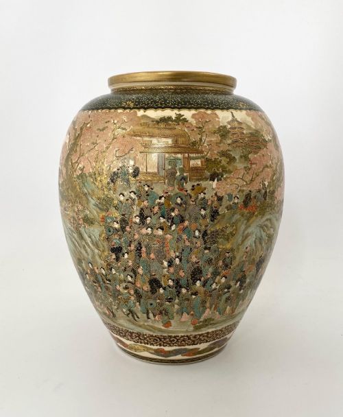 Satsuma Pottery Vase, Festival Gathering. Signed Zenkozan, Meiji Period.