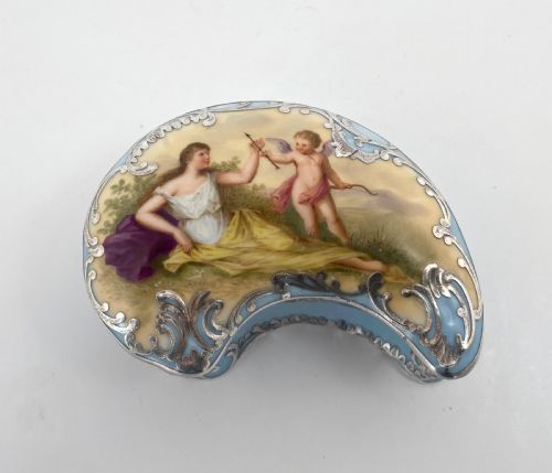 French Silver Mounted Porcelain Box. Venus & Cupid, C. 1900.