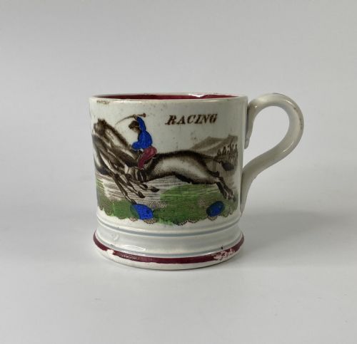 English Pottery Child’s Mug, Racing,  C. 1840.