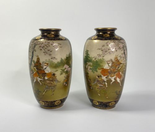 Pair Satsuma Pottery Vases. Kinkozan. Meiji Period.