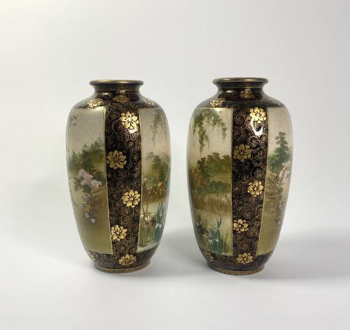 fig 1. Pair Satsuma pottery vases. Kinkozan. Meiji Period.