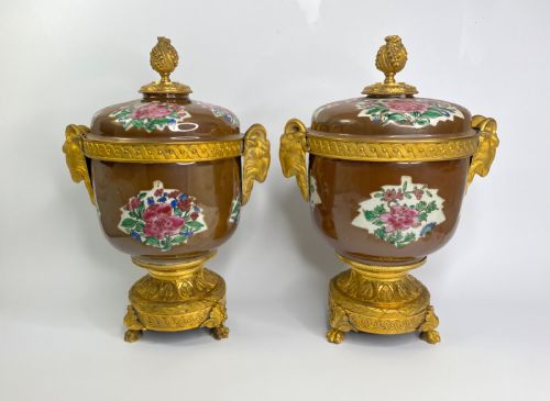 Pair Chinese Porcelain & Ormolu Bowls, C. 1750. Qianlong Period.