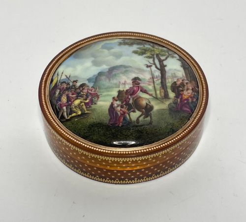 French Gold Pique Horn and Enamel Box, William Tell, C. 1790.