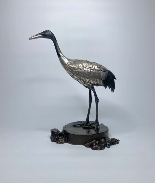 Japanese Silvered Bronze Manchurian Crane, Hidenao, Meiji Period.