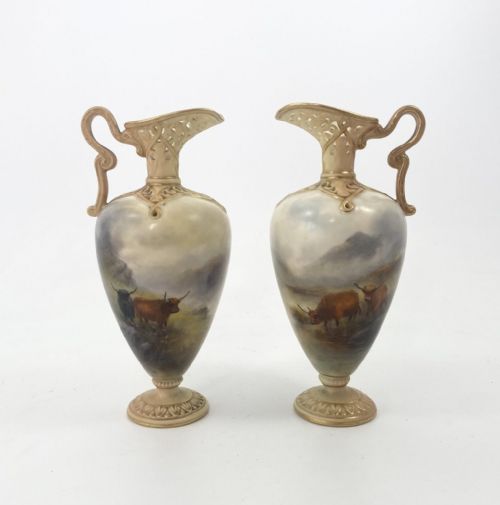 Pair Royal Worcester Ewers. Highland Cattle, Harry Stinton, D. 1903.