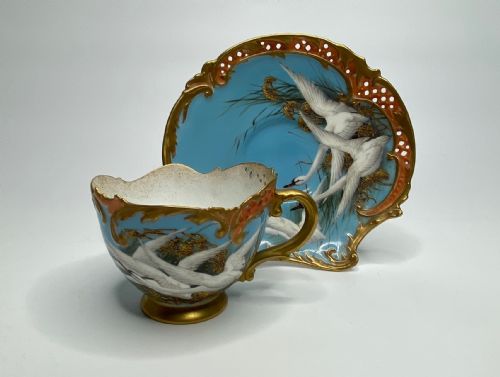 Royal Worcester Cup and Saucer. Swans, Charley Baldwyn, D. 1907.