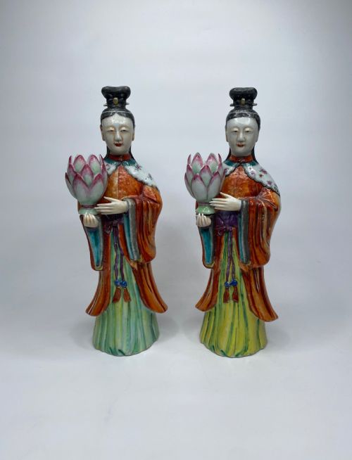 Pair Chinese Porcelain Candlesticks, C. 1760. Qianlong Period.