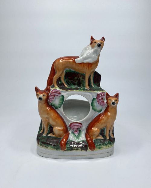 Staffordshire Pottery Foxes Watch Holder, C. 1860.