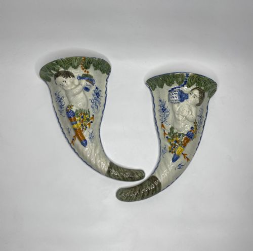 Pair Prestonpans, Prattware Cupid Wall Pockets, C. 1810.