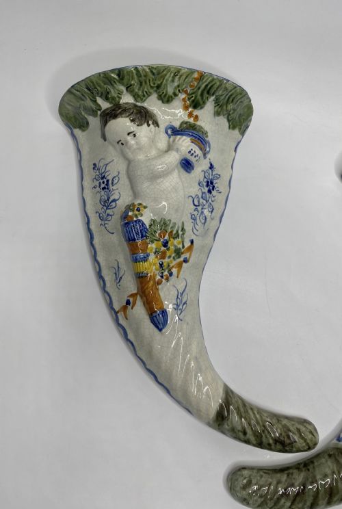fig 1. Pair Prestonpans, Prattware Cupid wall pockets, c. 1810.