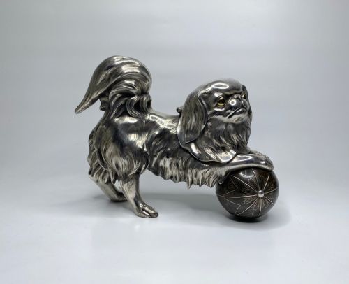 Japanese Silvered Bronze Chin Puppy. C. 1900, Meiji Period.