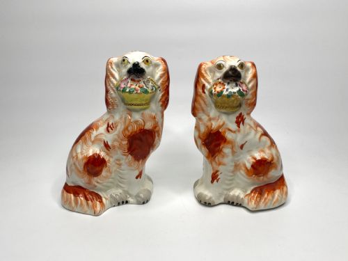 Pair Staffordshire ‘Basket of Flower’ Spaniels, C. 1860.