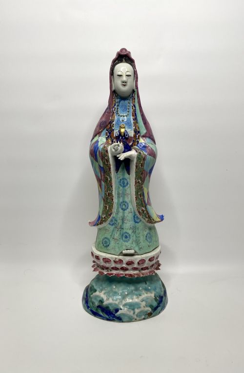 Chinese Porcelain Guanyin and Stand, 19th C. Qing Period.
