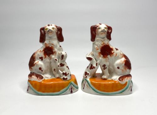 Pair Staffordshire Spaniels with Puppies, C. 1850.