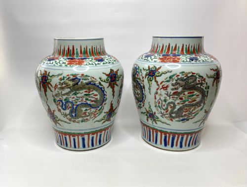 Pair Chinese Wucai Dragon Jars, C.1650, Shunzhi Period.