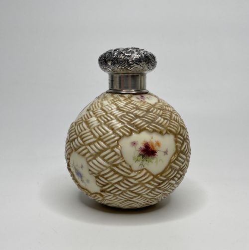 Royal Worcester Perfume Bottle, Black Starr & Frost Silver Mounts, C. 1890.