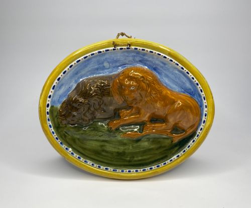 Prattware Pottery ‘Lions’ Plaque, C. 1810. Staffordshire.