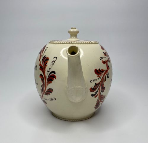 fig 1. Leeds creamware teapot, Margaret Burton, 1773.