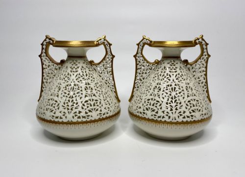 Graingers Worcester Pair of Reticulated Vases, C. 1880.