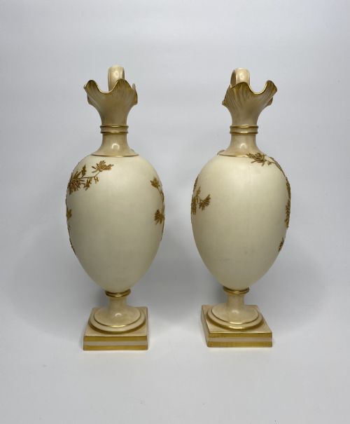 fig 1. Royal Worcester ewers, Samuel Ranford, d.1888.