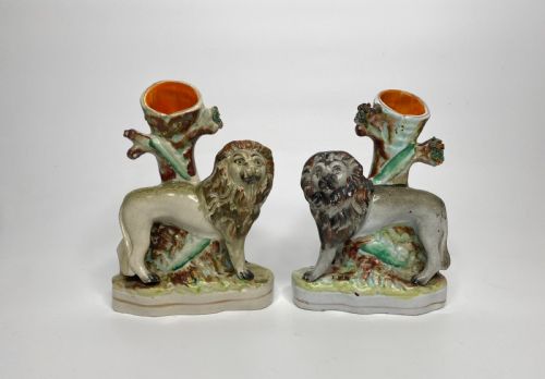 Staffordshire Lion Spill Vases, Thomas Parr Factory, C. 1850.