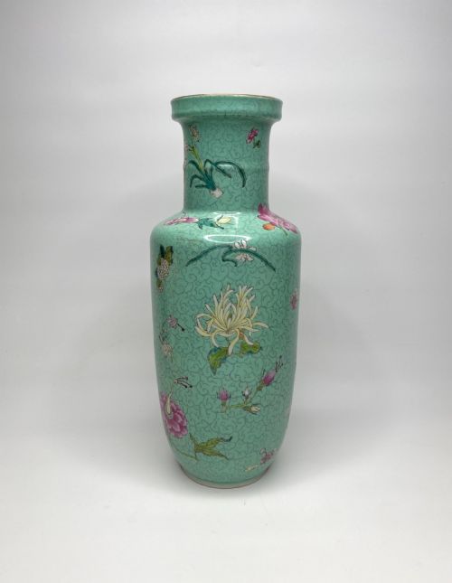 Chinese Rouleau Vase, Flowers, C. 1890. Qing Dynasty.