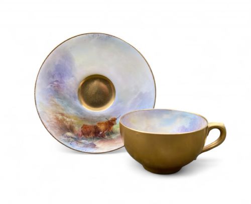 Royal Worcester Cup and Saucer, Highland Cattle, H.stinton, D.1919.