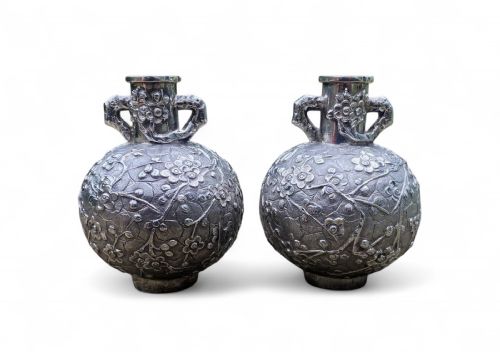 Pair of Chinese Silver Vases Prunus Blossom, Wang Hing, C. 1900.