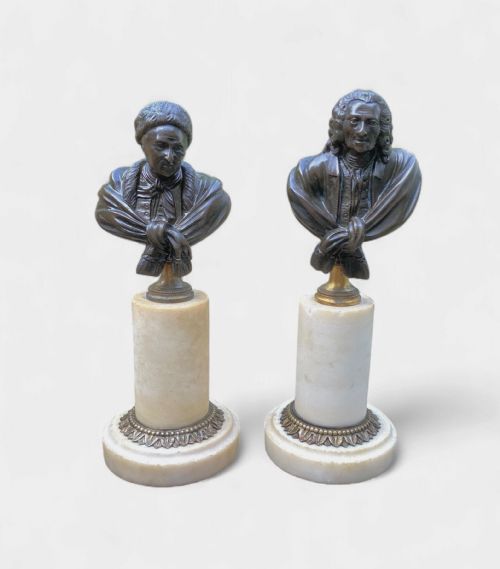 Pair French Bronze Busts, Voltaire & Rousseau, C. 1800.