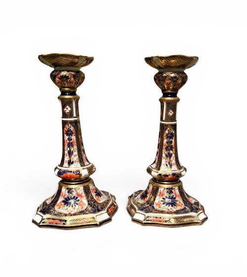 Royal Crown Derby Candlesticks, Imari, Dated 1919.
