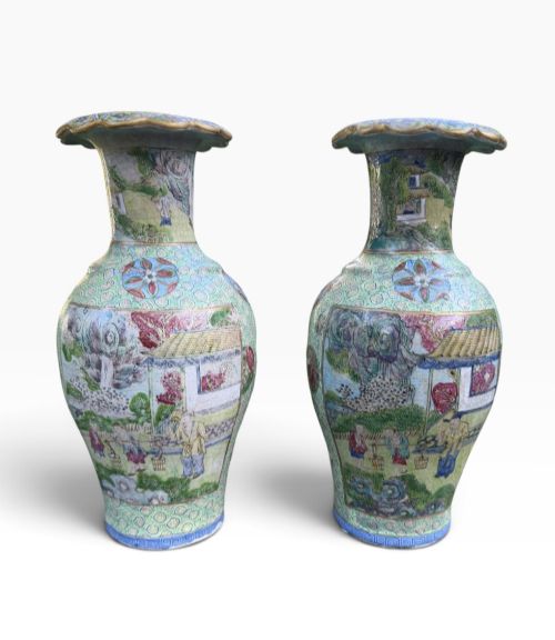 Pair Chinese Enamelled Yixing Stoneware Vases, 19th Century.