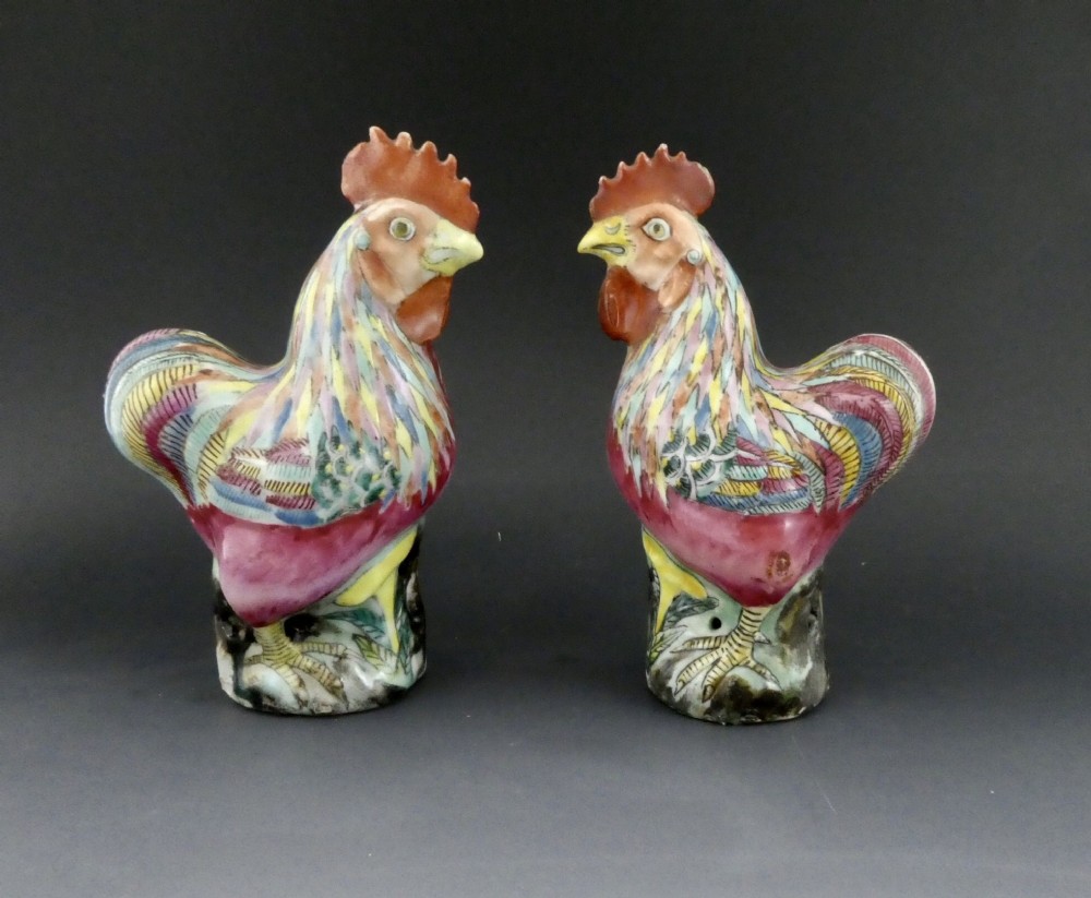 Pair Chinese porcelain cockerels. Famille Rose. c. 1880.