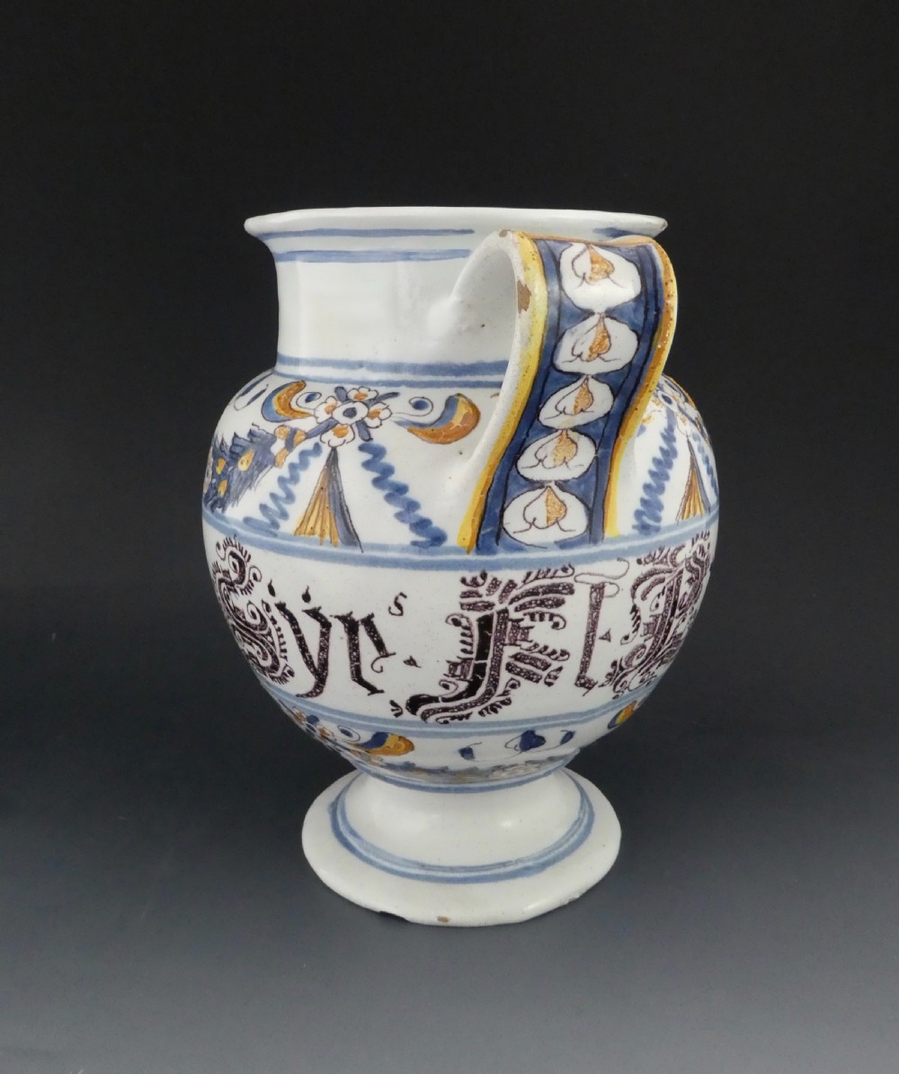 Italian maiolica wet drug jar, c. 1700 View III