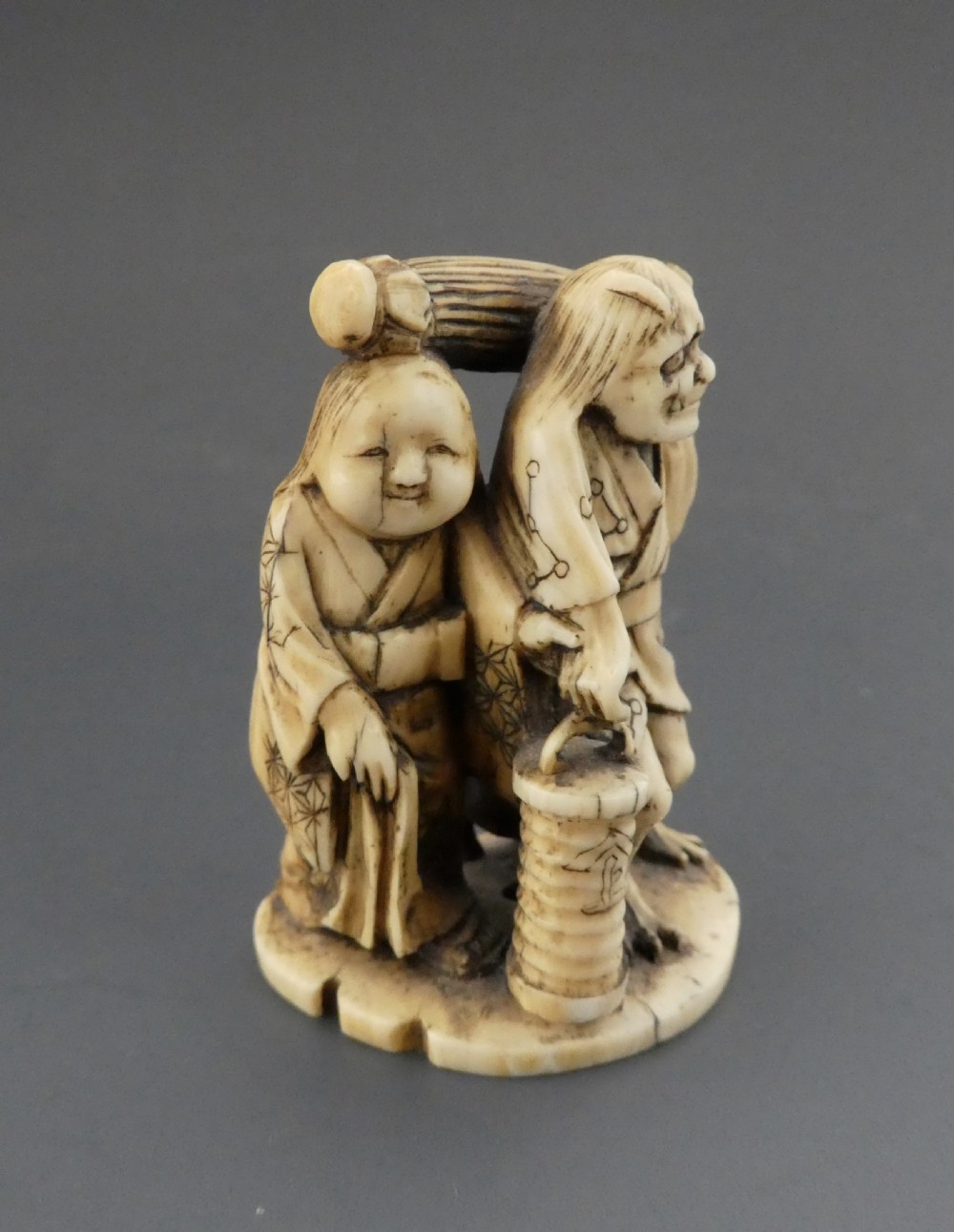 Japanese ivory group. Raiden & family. Meiji Period. View III