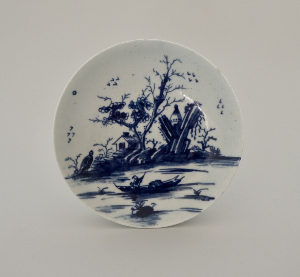 Worcester porcelain Rearing Rock Island teabowl and saucer, c. 1756. View IV