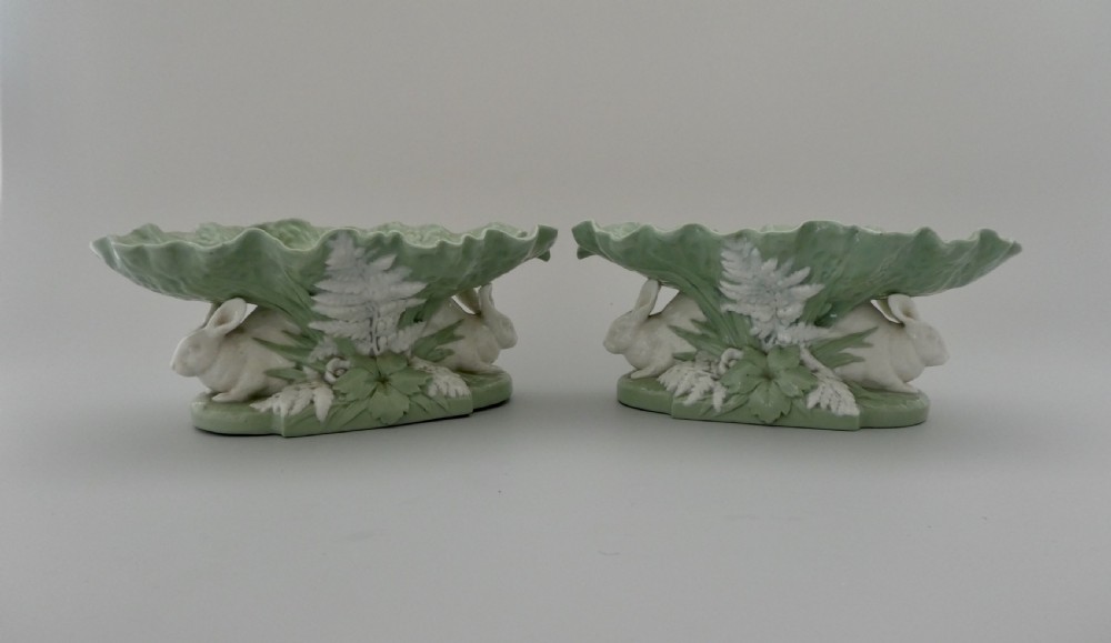 Pair Minton porcelain rabbit comports, dated 1869.
