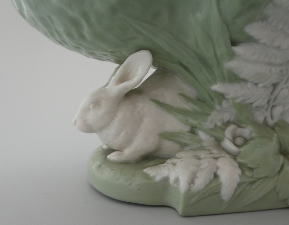 Pair Minton porcelain rabbit comports, dated 1869. View II