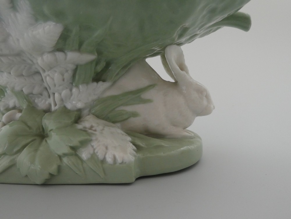 Pair Minton porcelain rabbit comports, dated 1869. View IV