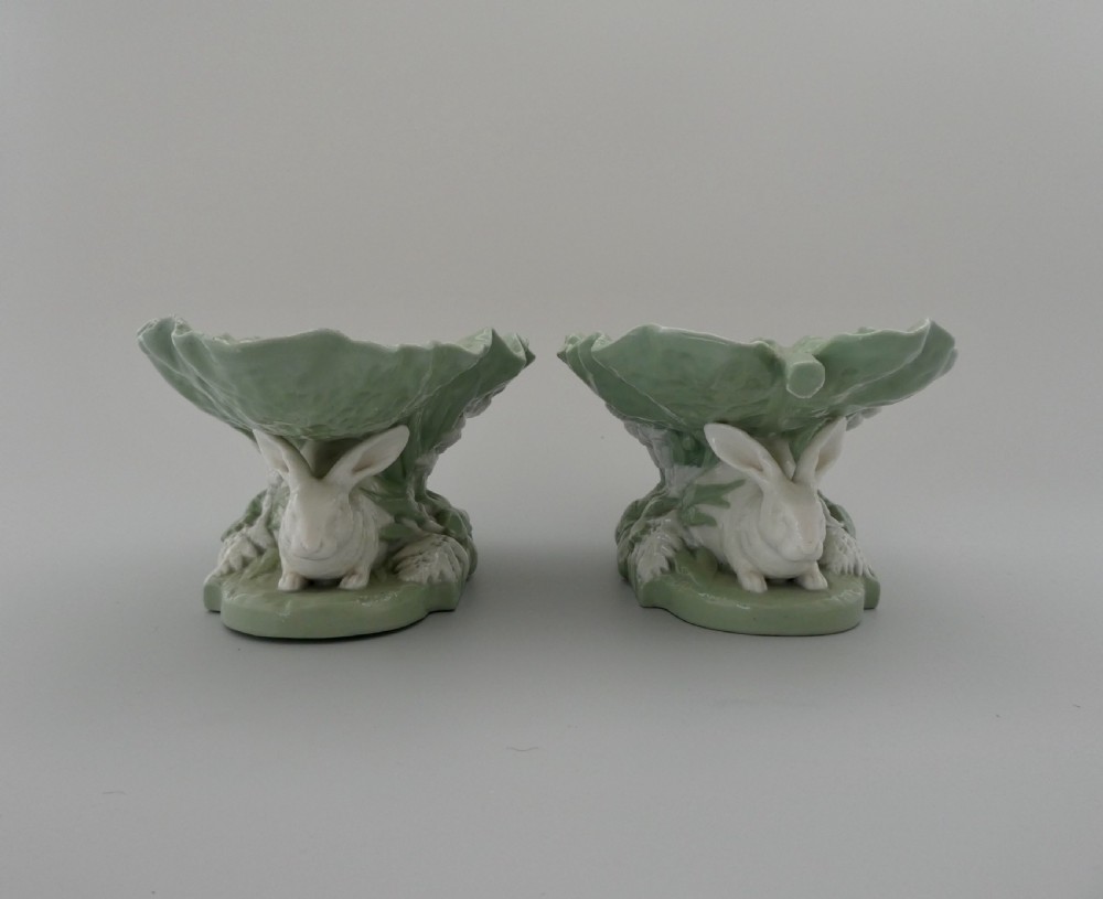 Pair Minton porcelain rabbit comports, dated 1869. View V