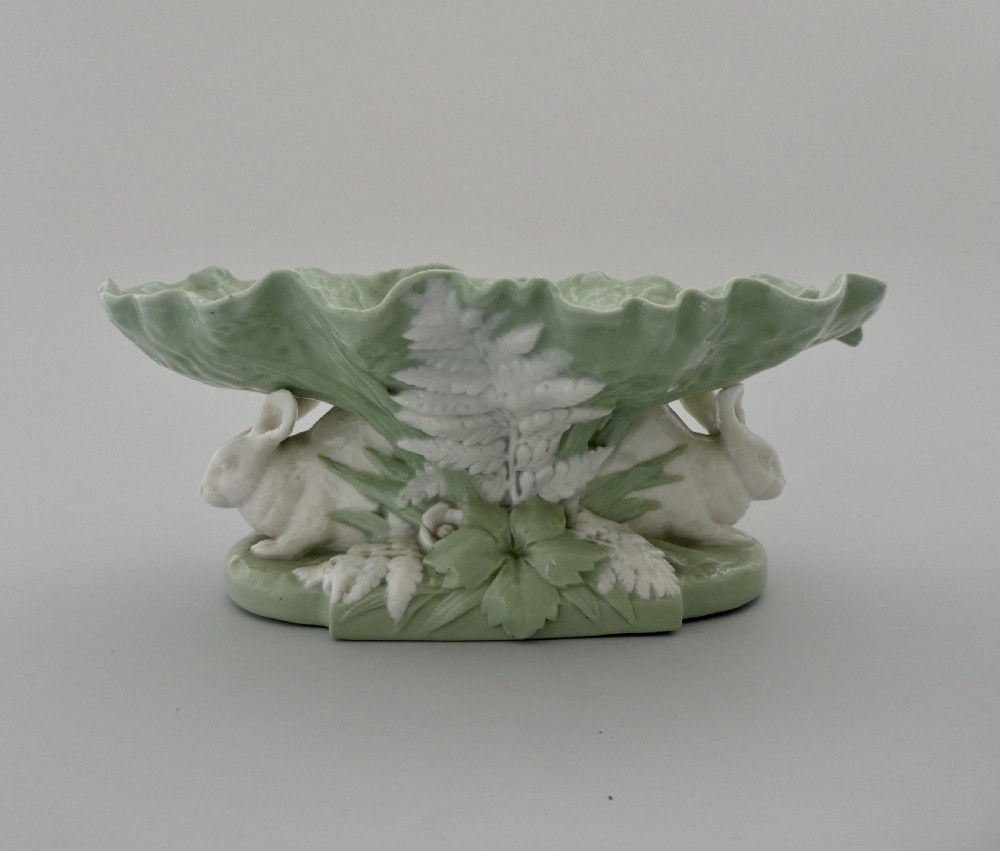 Pair Minton porcelain rabbit comports, dated 1869. View VIII