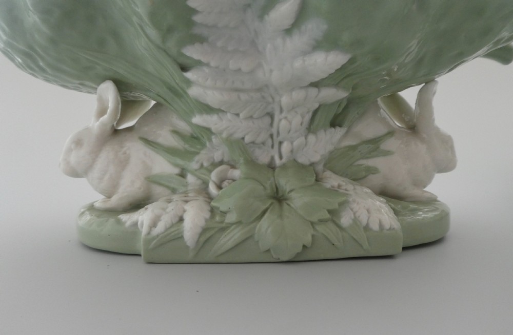 Pair Minton porcelain rabbit comports, dated 1869. View X