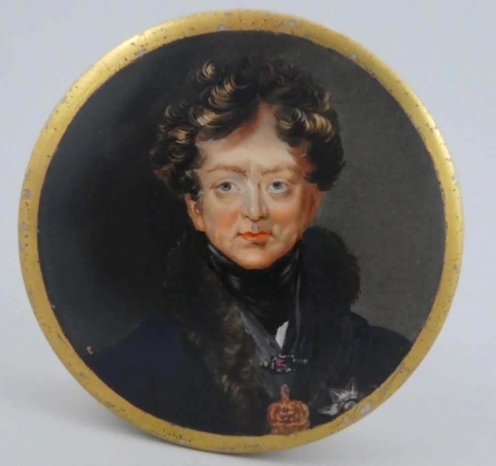 English porcelain box painted with the Prince Regent, c. 1815.