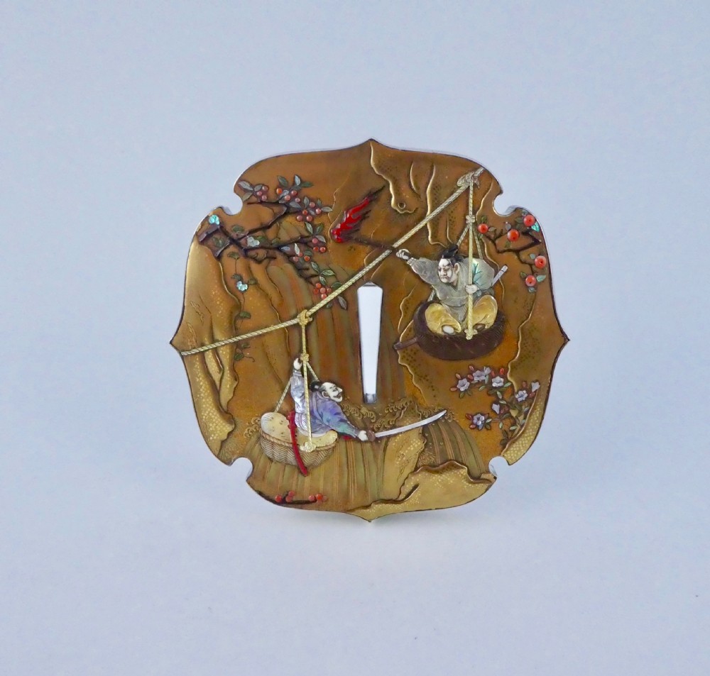 Japanese gold lacquer & Shibayama tsuba. Signed Shinzan. Meiji Period.