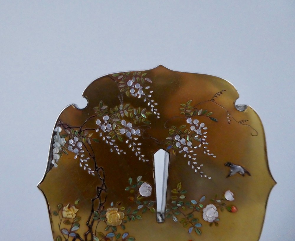 Japanese gold lacquer & Shibayama tsuba. Signed Shinzan. Meiji Period. View VI